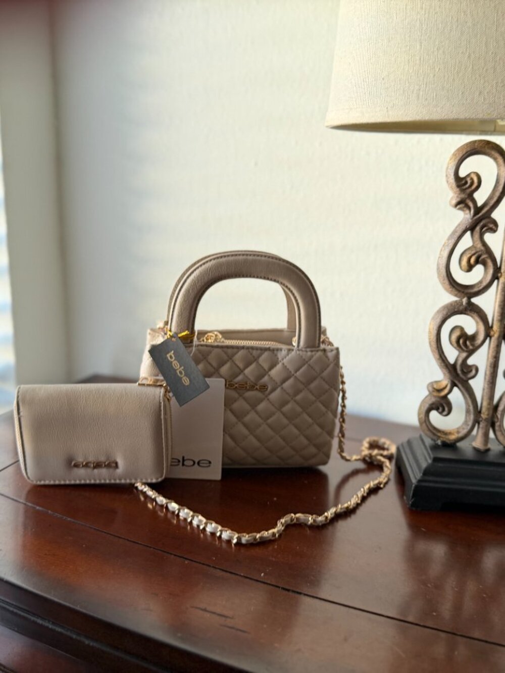 bebe Sofie Small Quilted Satchel with Matching Wallet Bone NWT